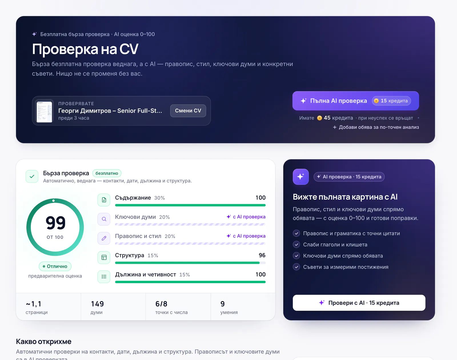 Проверка на CV: оценка от 100 по съдържание, ключови думи, правопис, структура и дължина